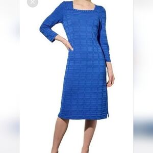 Ming Wang Textured Square Neck Blue Shift Dress 3/4 Sleeve SZ S Career Wear
